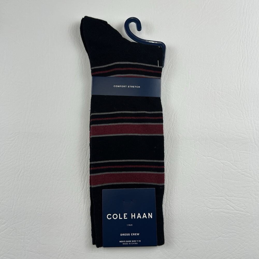 Cole Haan Men’s Black Burgundy Striped Dress Crew Socks Comfort Stretch 7-12 NWT
